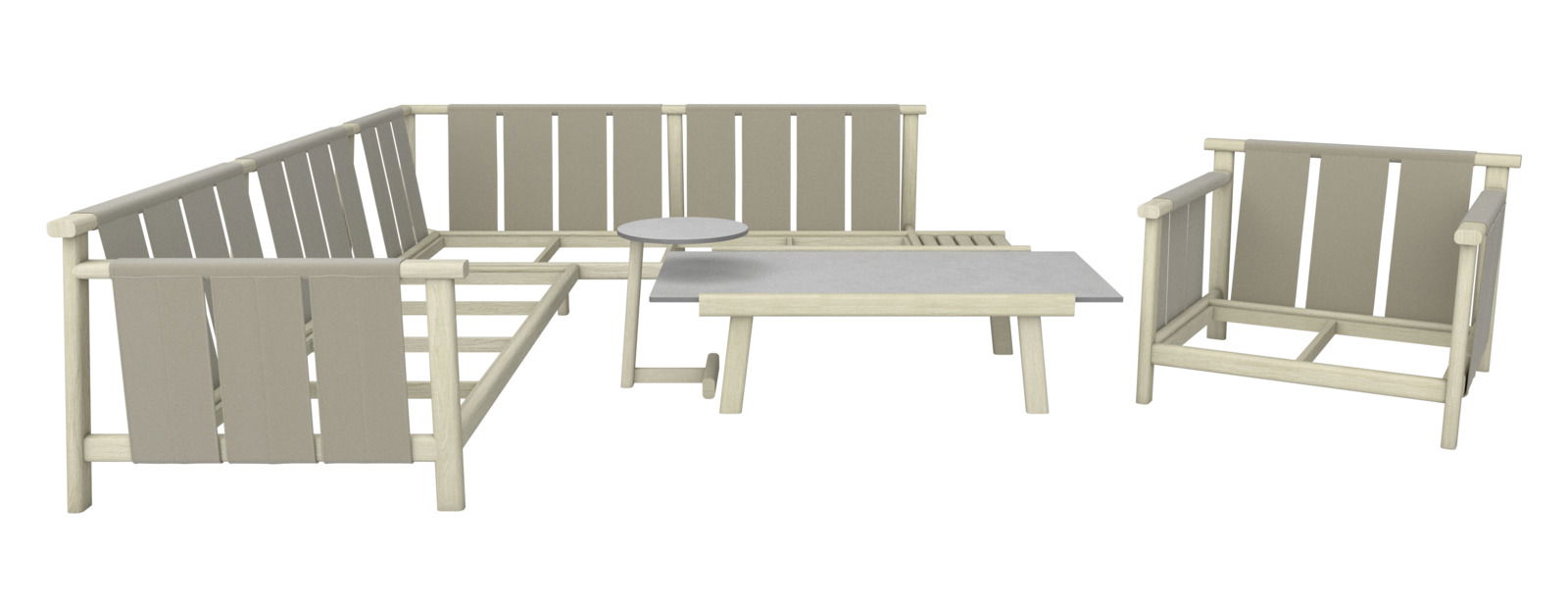 Loungeeckgarnitur Dieter Knoll MARI in heller Holzoptik, bestehend aus einem Ecksofa, einem Sessel und einem Couchtisch, frontal betrachtet.