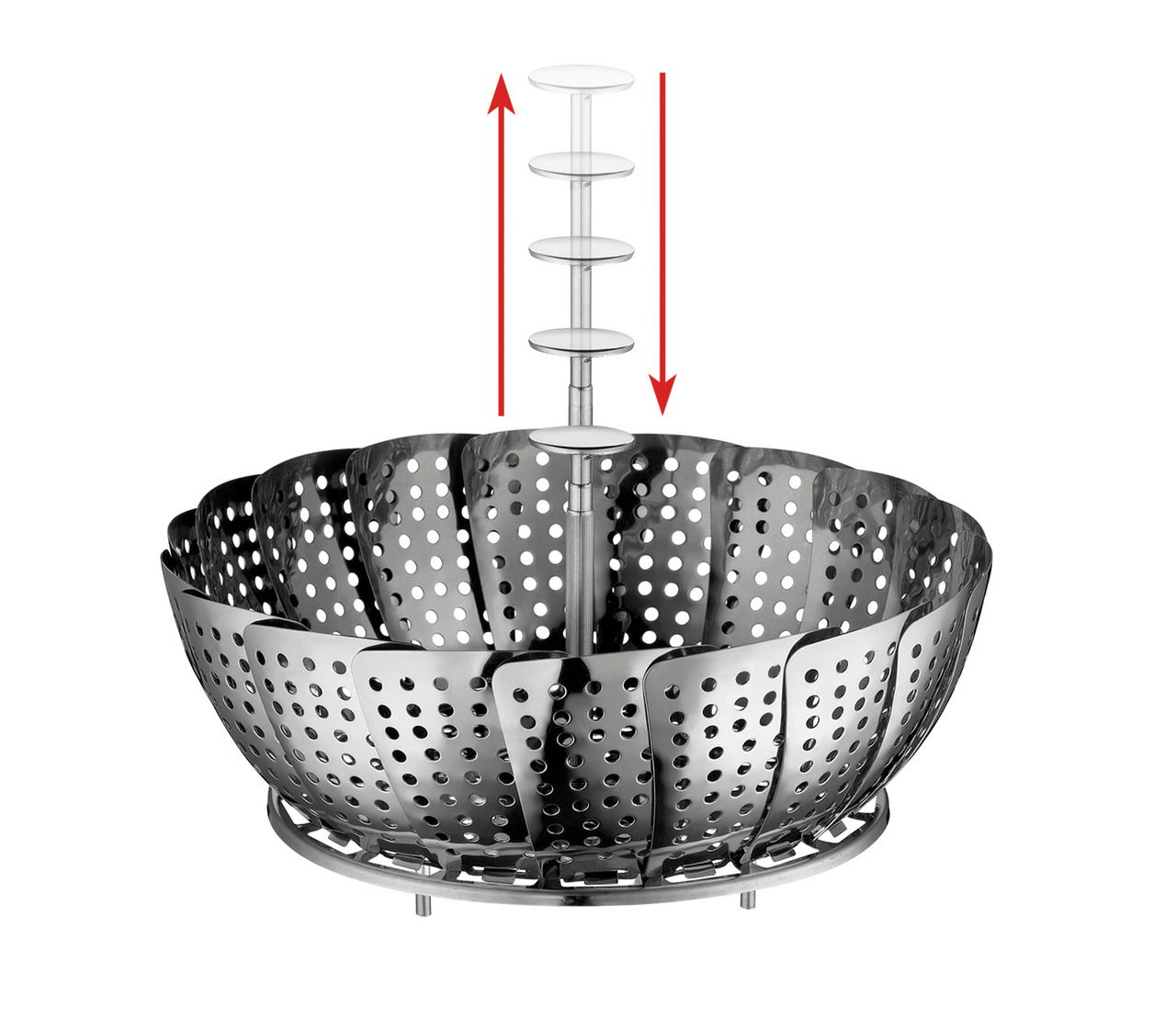 Dampfeinsatz aus Edelstahl mit verstellbarem Griff, Ansicht von schräg oben