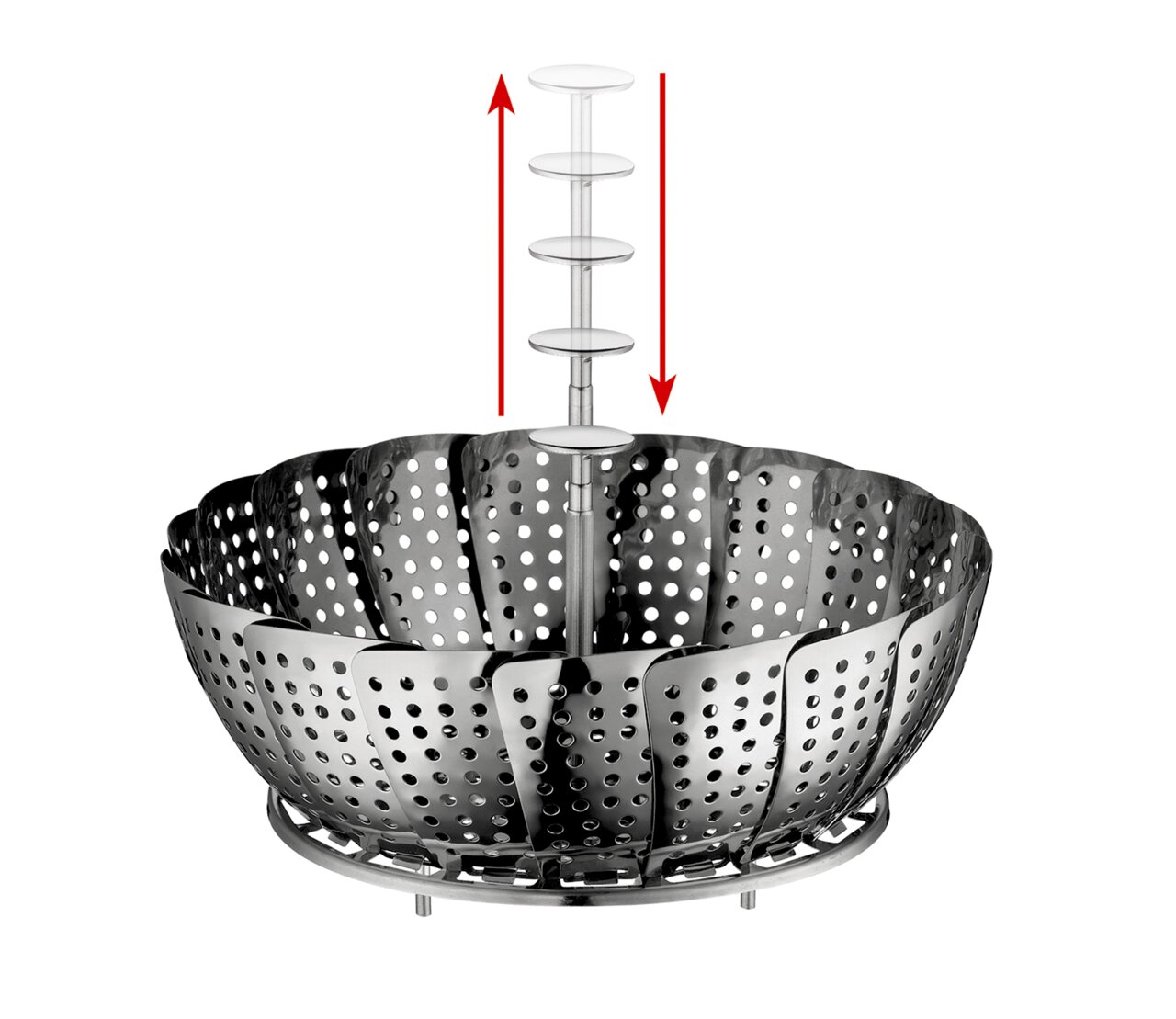 Dampfeinsatz aus Edelstahl mit verstellbarem Griff, Ansicht von schräg oben