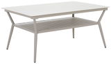 Moderner Gartentisch aus Metall mit rechteckiger Tischplatte und zusätzlicher Ablagefläche, seitliche Perspektive