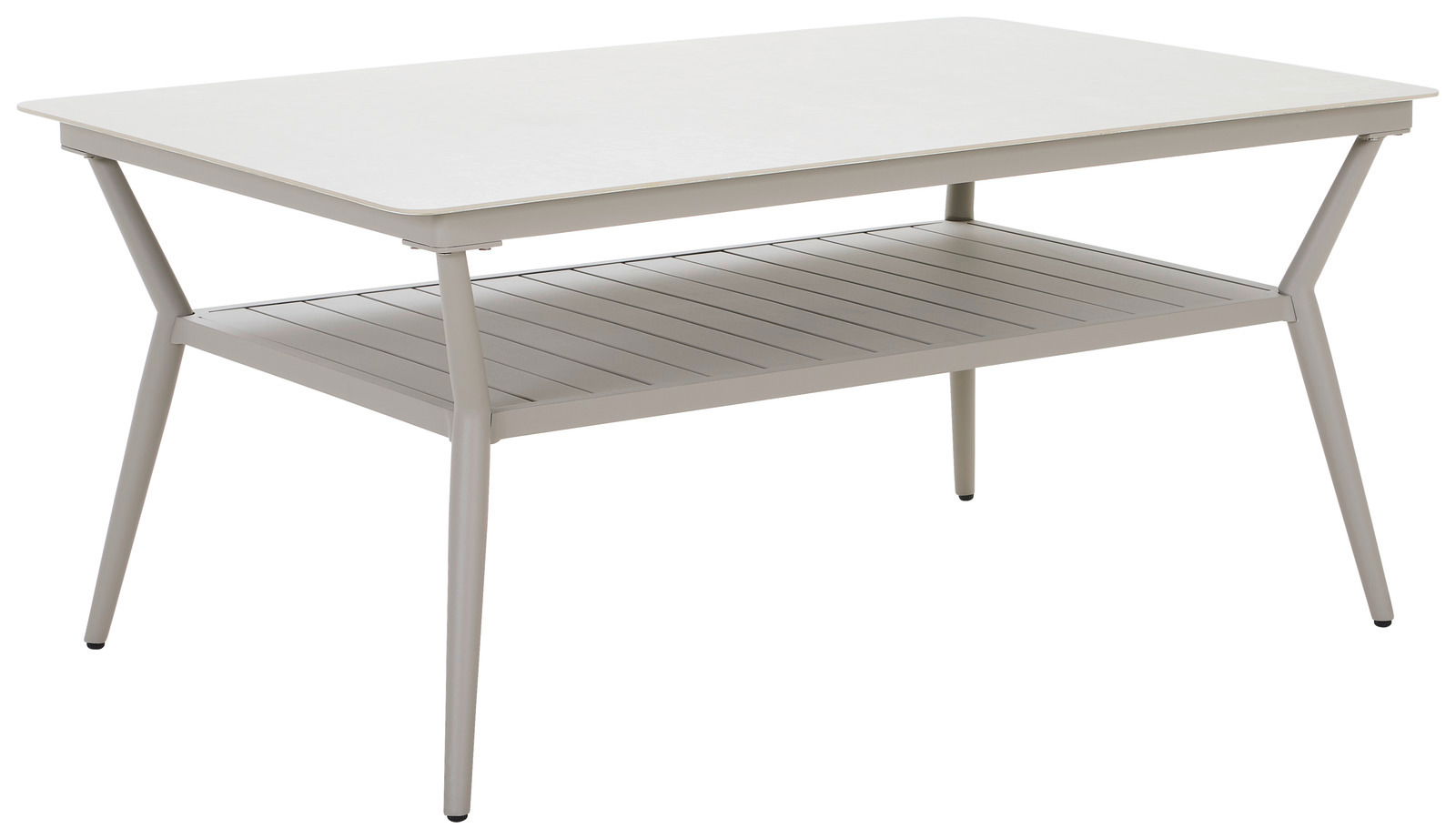 Moderner Gartentisch aus Metall mit rechteckiger Tischplatte und zusätzlicher Ablagefläche, seitliche Perspektive