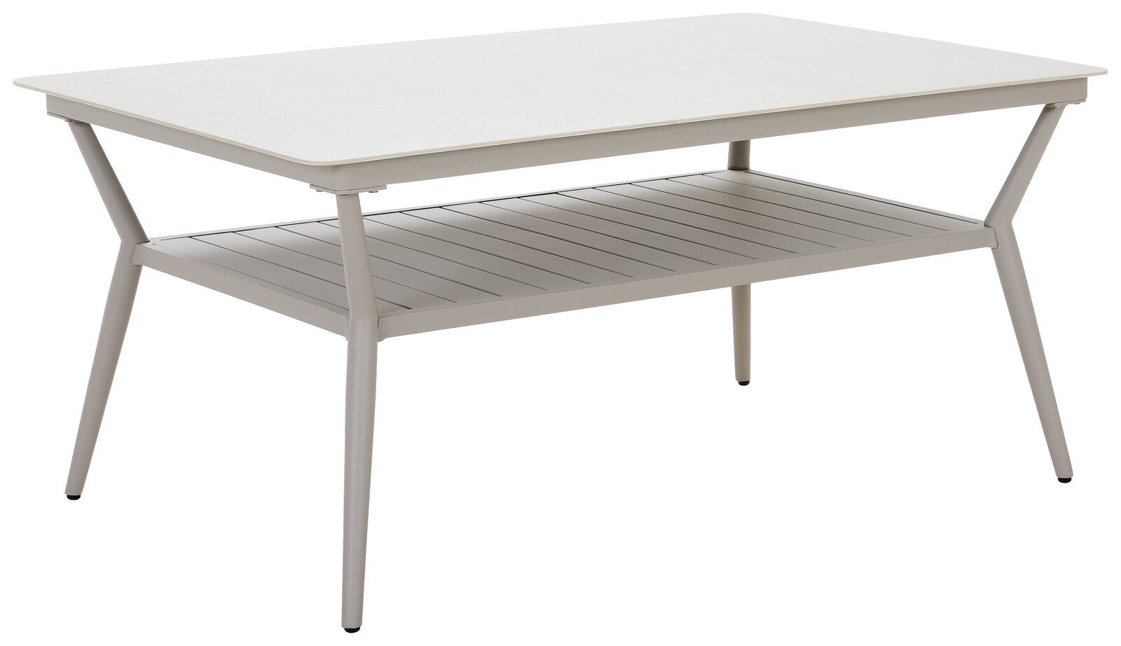 Moderner Gartentisch aus Metall mit rechteckiger Tischplatte und zusätzlicher Ablagefläche, seitliche Perspektive