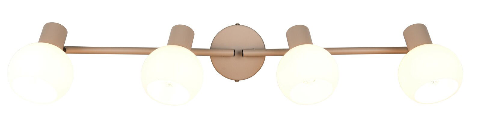 Vierflammiger Strahler mit runden, weißen Lampenschirmen, seitliche Perspektive