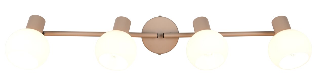 Vierflammiger Strahler mit runden, weißen Lampenschirmen, seitliche Perspektive