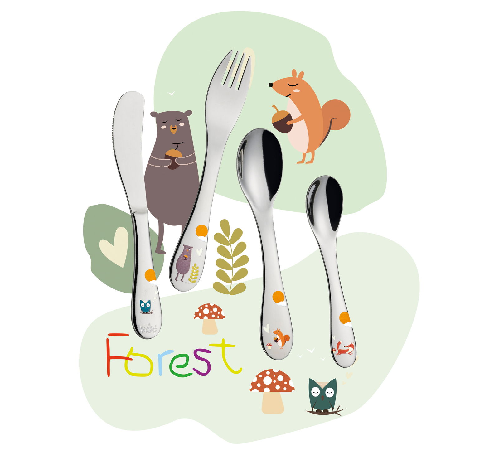Cilio Kinderbesteck 4-tlg. FOREST Kinderbesteck FOREST 4-tlg. mit Waldtieren und Pflanzenmotiven, Vorderansicht