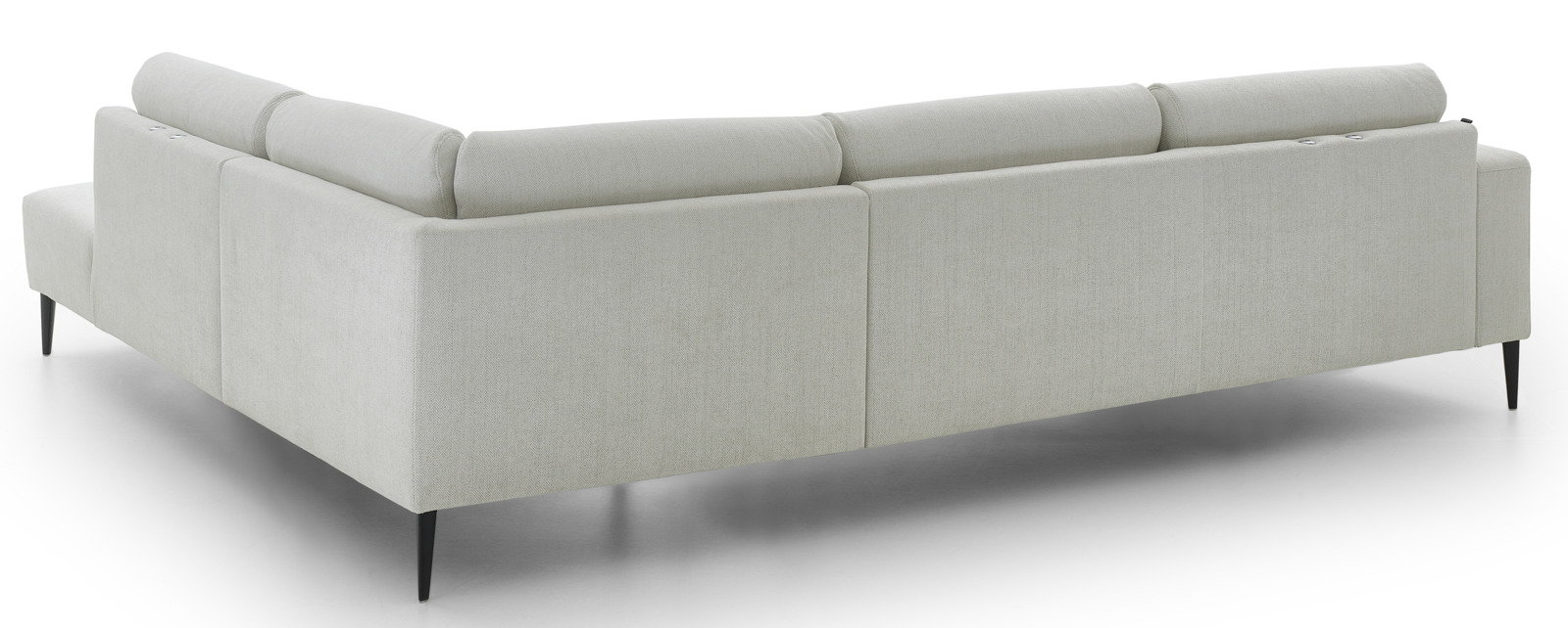 Rückansicht einer modernen, hellgrauen Eckgarnitur mit schlanken, schwarzen Beinen.
