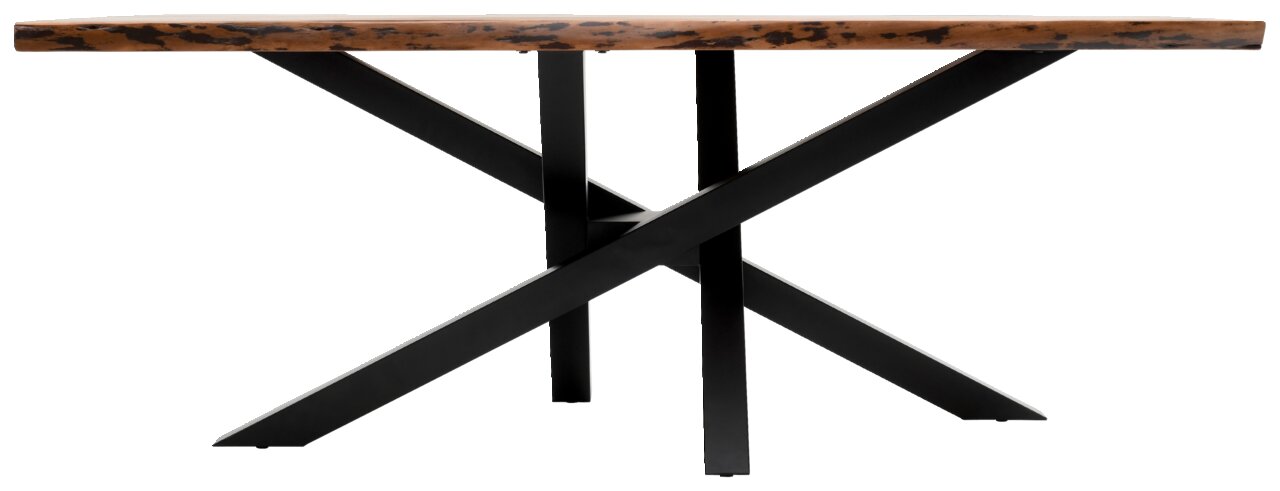 Moderner Esstisch mit Holzplatte und schwarzem Metallgestell, Seitenansicht