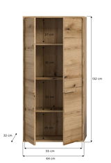 Midischrank aus Holz mit offenen Türen, zeigt vier Regalfächer. Perspektive von vorne mit sichtbaren Maßen: Höhe 132 cm, Breite 64 cm, Tiefe 32 cm.