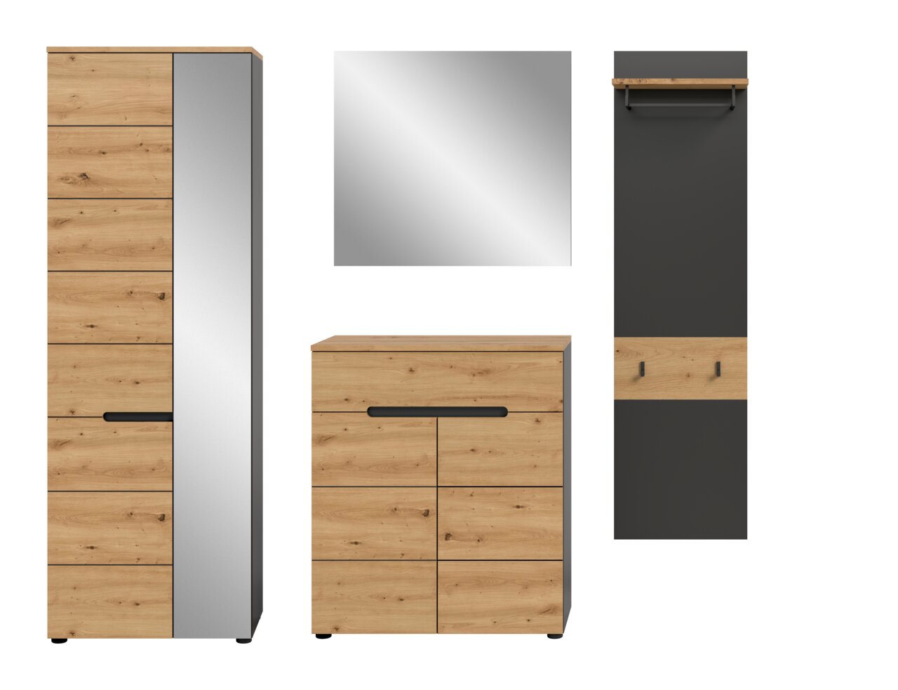 Modernes Garderoben-Set in Holzoptik und Anthrazit mit Hochschrank, Kommode, Spiegel und Wandpaneel mit Kleiderstange, freigestellt auf weißem Hintergrund; Ansicht von vorn.