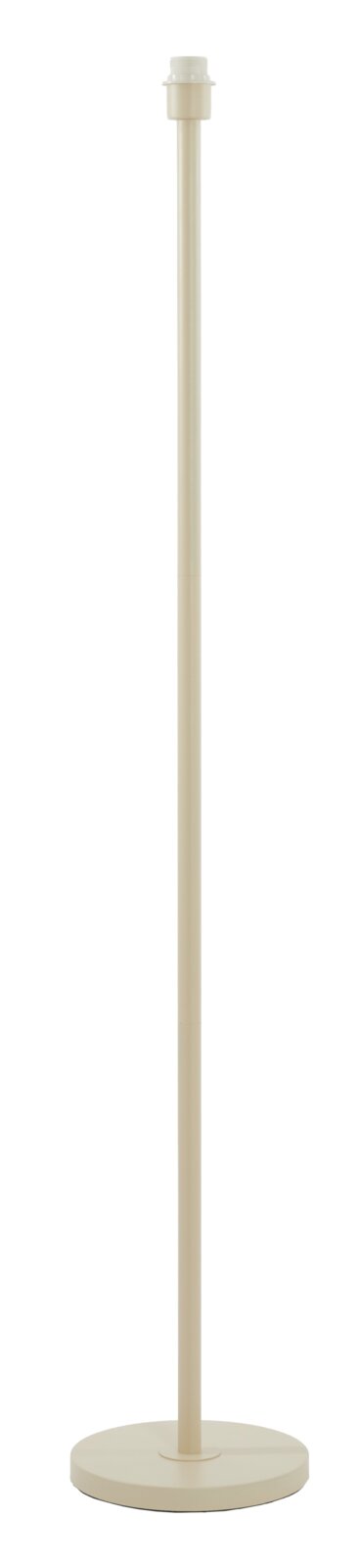 Staande lamp in beige, hier van voren afgebeeld, met een ronde voet en een slanke, rechte steel.