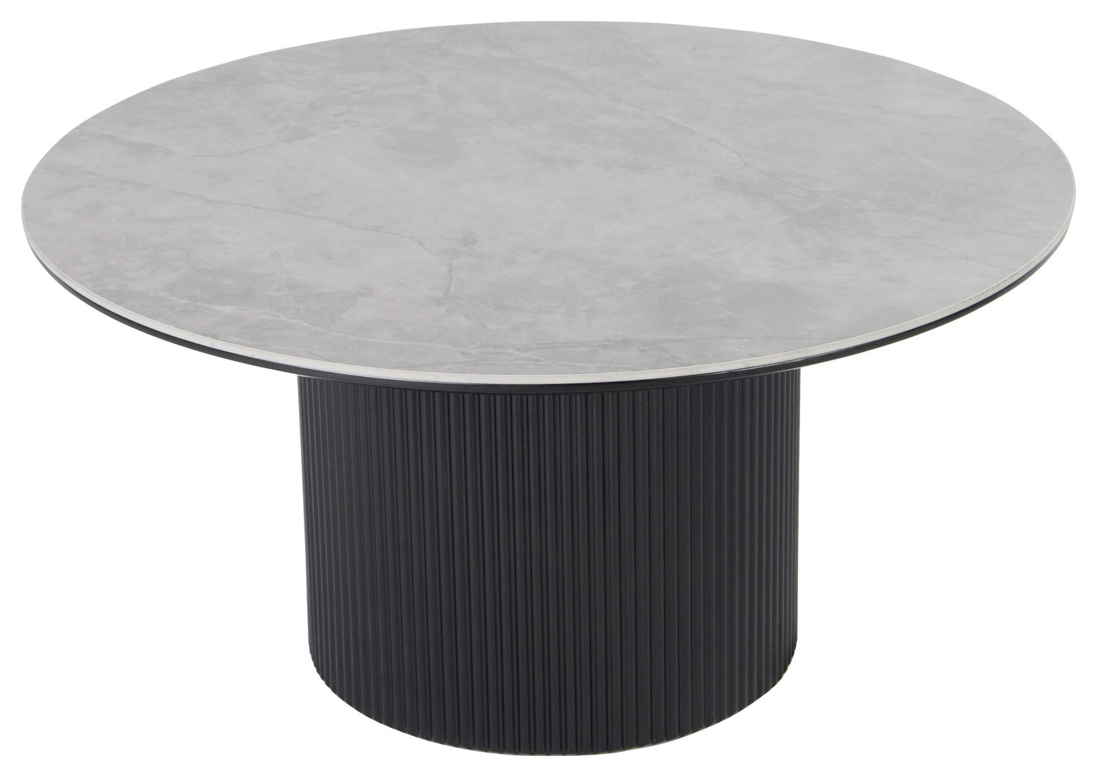 Stylife Couchtisch GROOVE Runder Couchtisch mit grauer Marmoroptik-Tischplatte und schwarzem, gerilltem Sockel, seitliche Perspektive