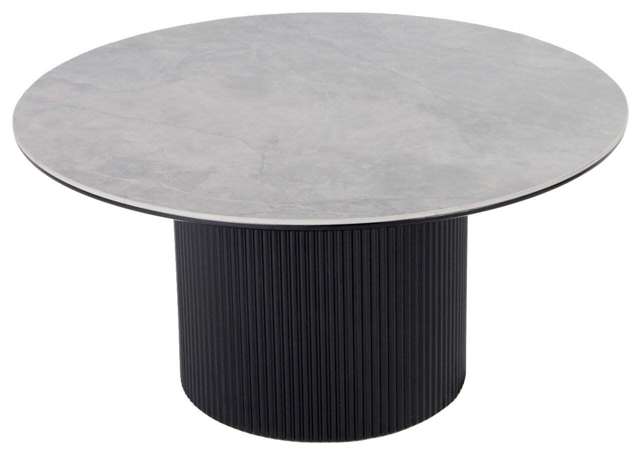 Runder Couchtisch mit grauer Marmoroptik-Tischplatte und schwarzem, gerilltem Sockel, seitliche Perspektive