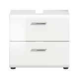 Weißer Waschbeckenunterschrank mit zwei Schubladen und silbernen Griffen, Frontalansicht