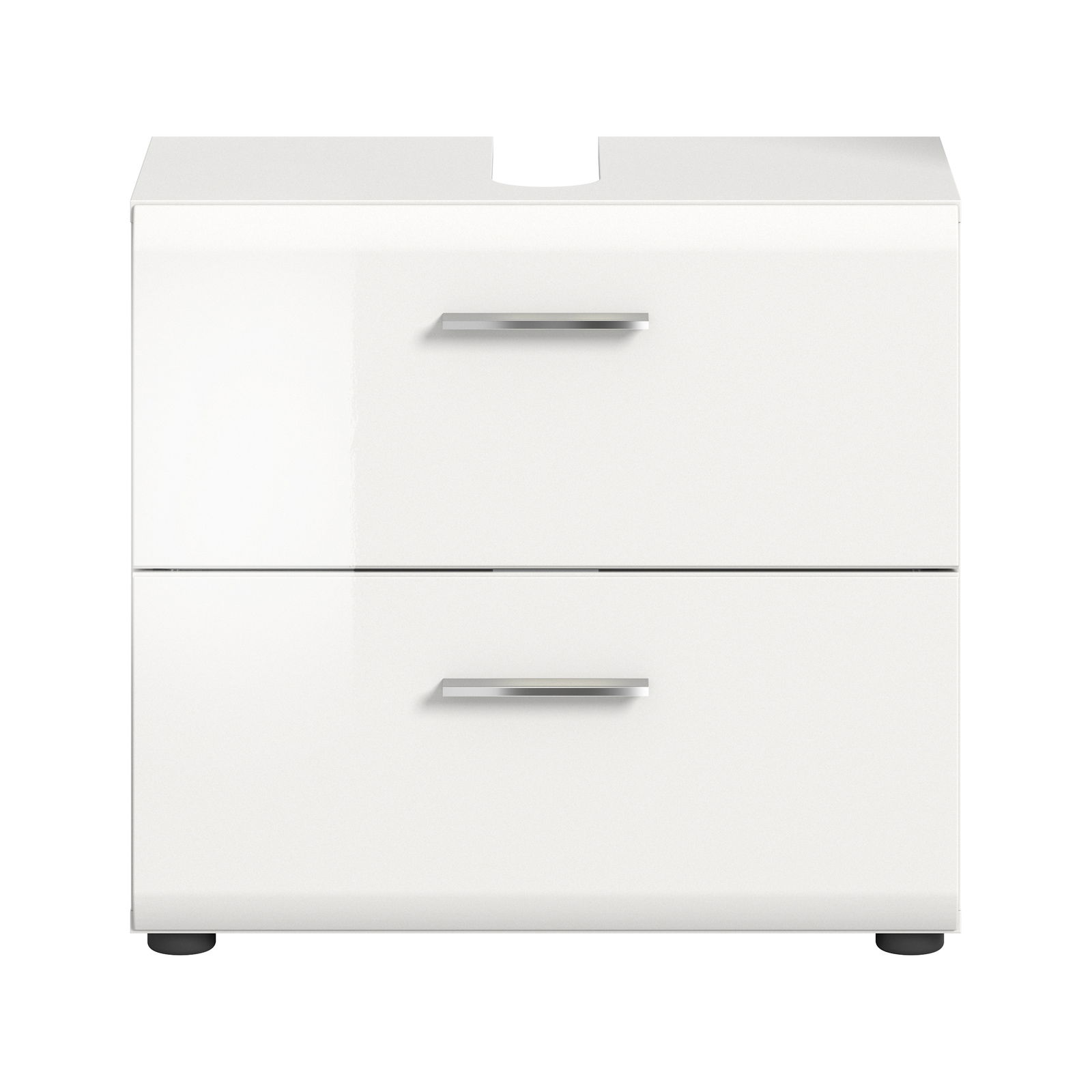 Weißer Waschbeckenunterschrank mit zwei Schubladen und silbernen Griffen, Frontalansicht