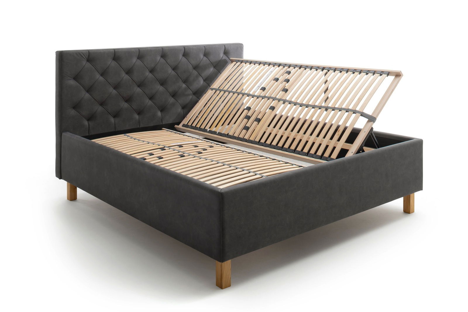 Polsterbett mit hochgeklapptem Lattenrost, seitliche Perspektive