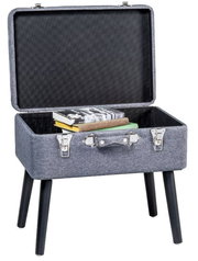 Kofferhocker mit geöffnetem Deckel, gefüllt mit Büchern, aus einer leicht erhöhten Perspektive.