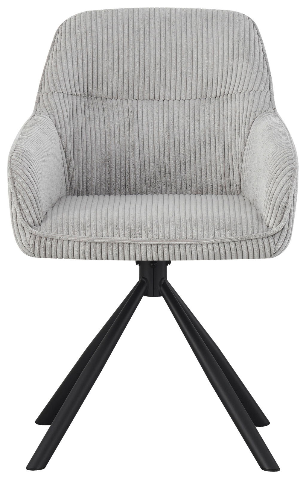 Grauer Armlehnstuhl mit geripptem Stoffbezug und schwarzem Metallgestell, Frontalansicht