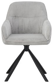 Grauer Armlehnstuhl mit geripptem Stoffbezug und schwarzem Metallgestell, Frontalansicht