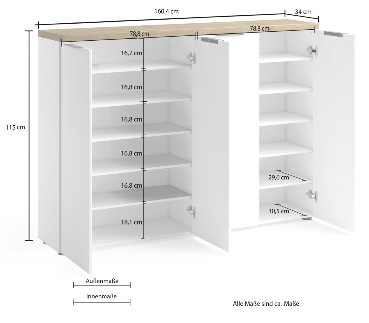 XXL-Schuhschrank mit offenen Türen, zeigt mehrere Regalböden zur Schuhaufbewahrung, Perspektive von vorne