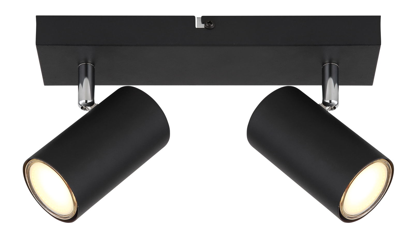 Zweiflammiger schwarzer Deckenstrahler mit zylindrischen Leuchten, Perspektive von unten