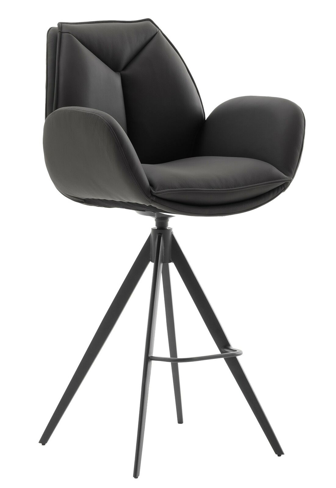 Moderner Barstuhl mit schwarzem Polster und dreibeinigem Metallgestell, seitliche Perspektive
