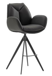 Moderner Barstuhl mit schwarzem Polster und dreibeinigem Metallgestell, seitliche Perspektive