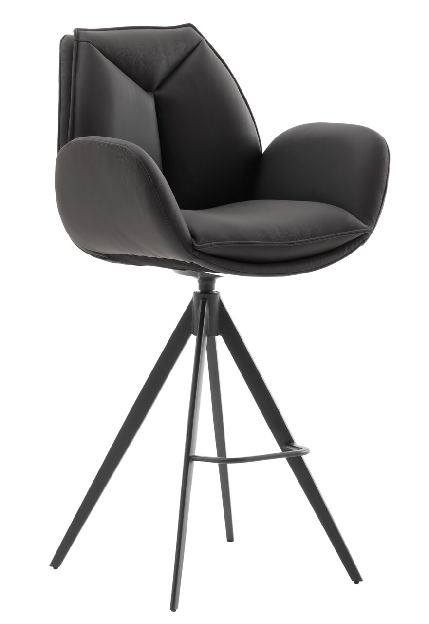 Moderner Barstuhl mit schwarzem Polster und dreibeinigem Metallgestell, seitliche Perspektive