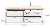 Moderner Waschbeckenunterschrank mit Holz- und Weiß-Design, Frontansicht, Maße: 132 cm Breite, 50 cm Höhe, 48 cm Tiefe.