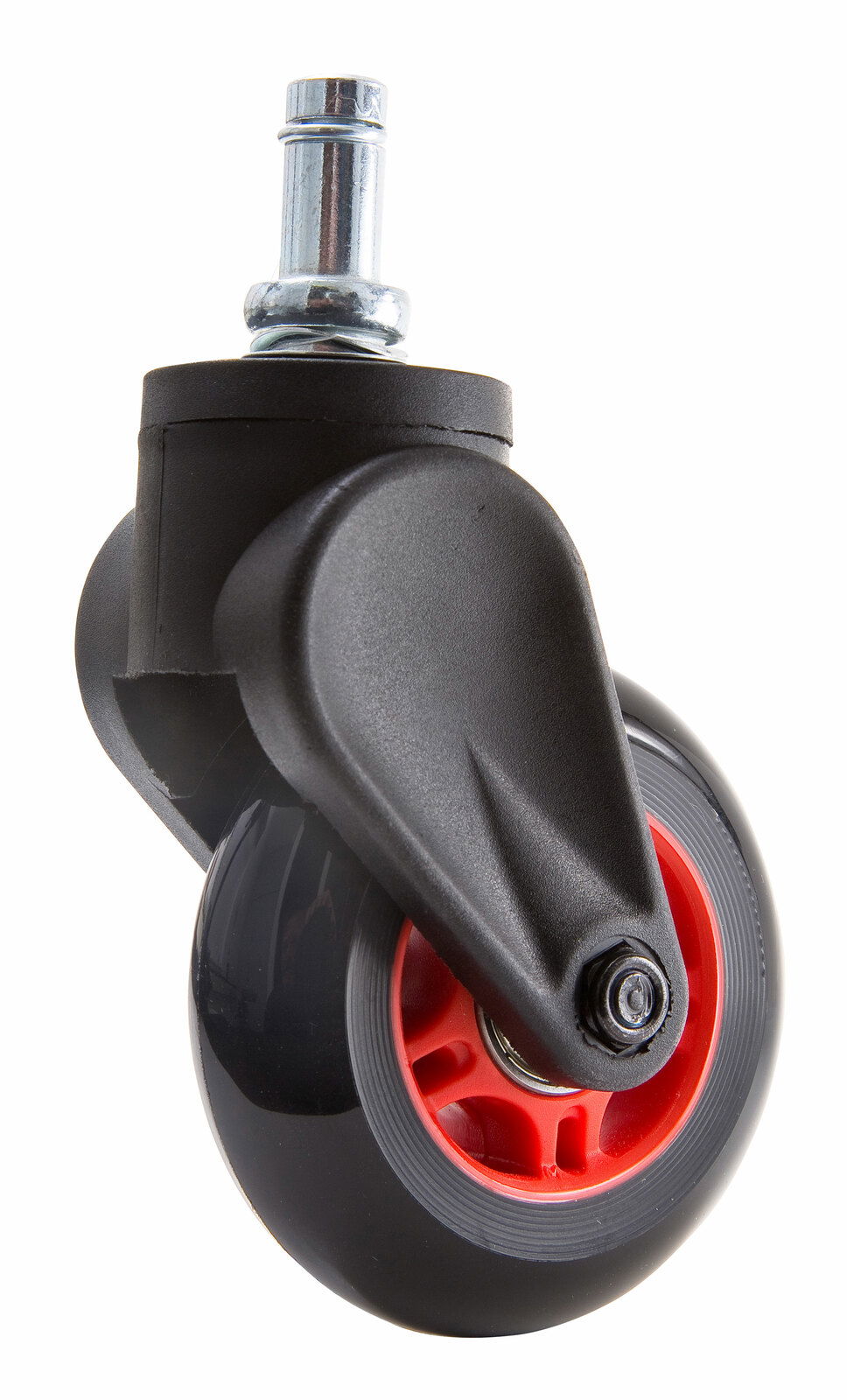 Nahaufnahme einer Hartbodenrolle mit schwarzem Gehäuse und rotem Rad, seitliche Perspektive