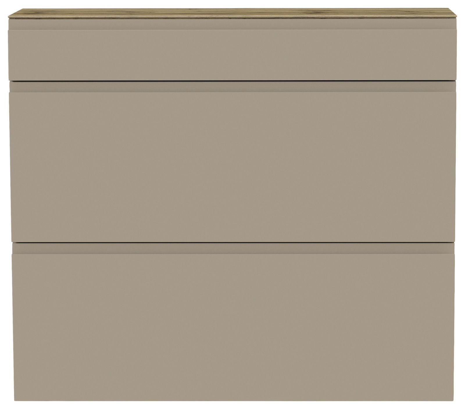 Frontansicht eines modernen, hängenden Schuhschranks mit zwei Klappen in neutralem Beige.