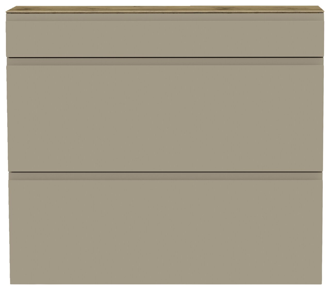 Frontansicht eines modernen, hängenden Schuhschranks mit zwei Klappen in neutralem Beige.