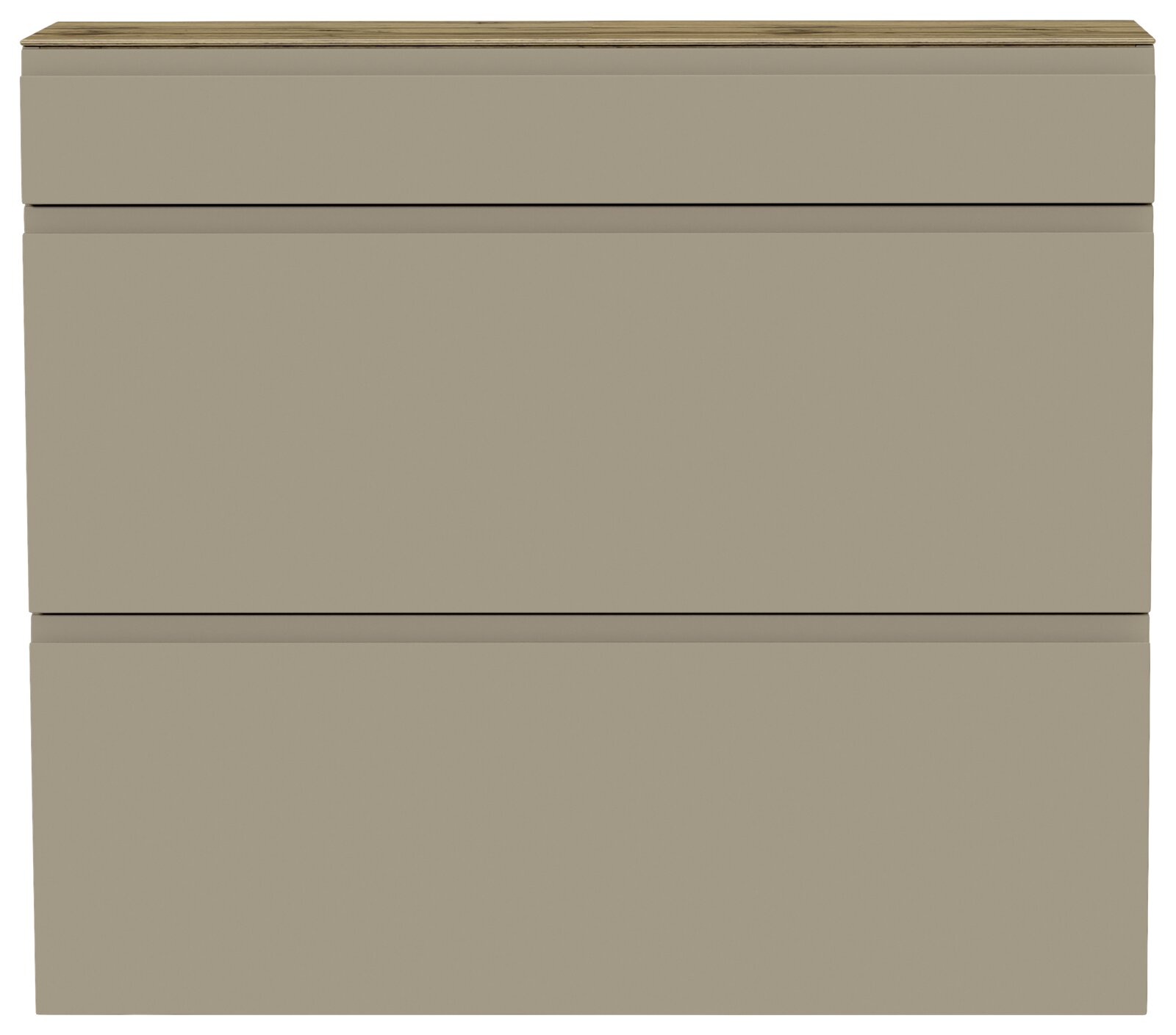 Frontansicht eines modernen, hängenden Schuhschranks mit zwei Klappen in neutralem Beige.