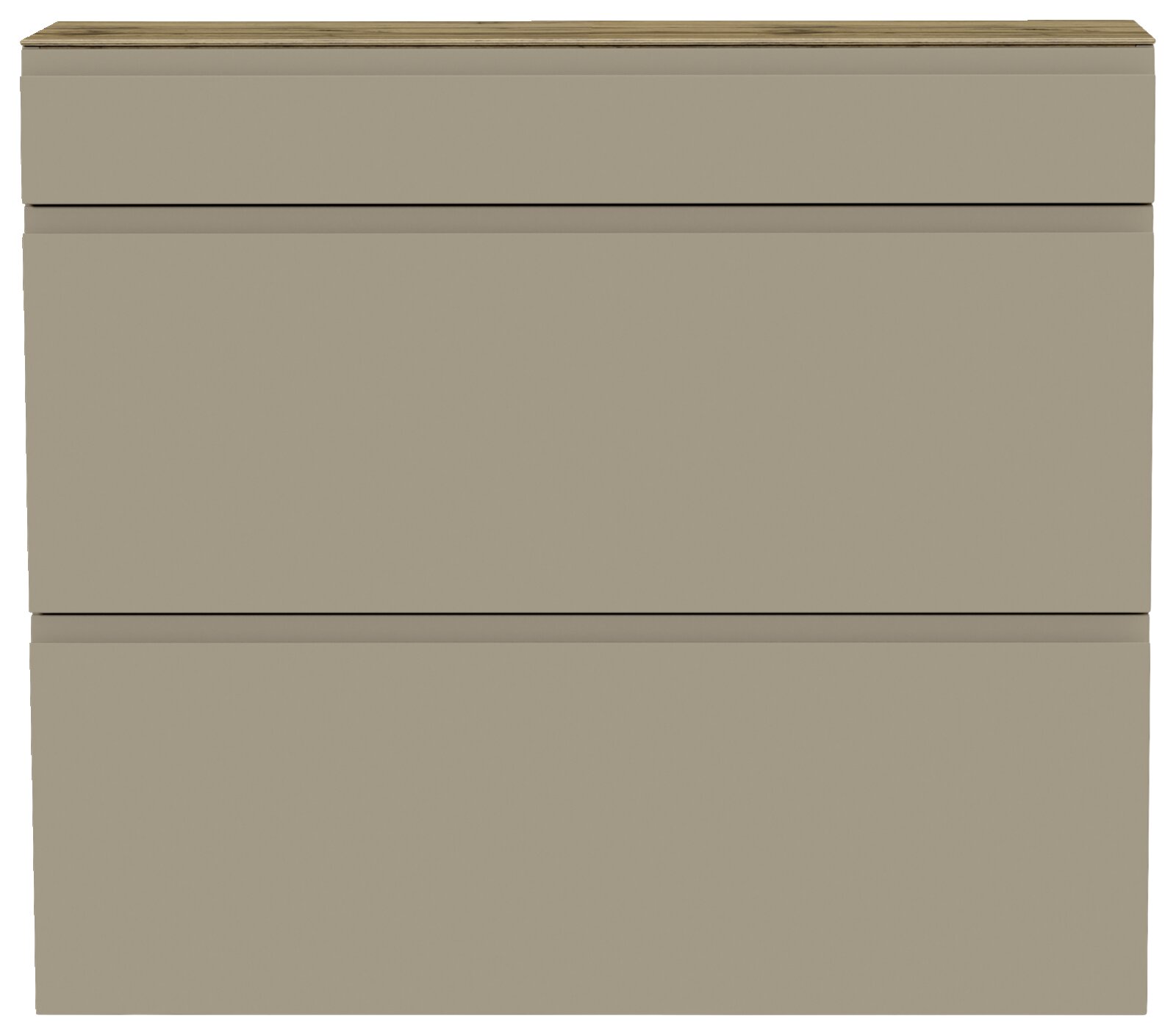 Frontansicht eines modernen, hängenden Schuhschranks mit zwei Klappen in neutralem Beige.