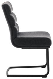 Seitenansicht eines grauen Freischwinger-Stuhls mit gepolsterter Rückenlehne und Sitzfläche, auf einem schwarzen Metallgestell.