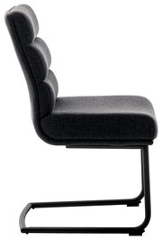 Seitenansicht eines grauen Freischwinger-Stuhls mit gepolsterter Rückenlehne und Sitzfläche, auf einem schwarzen Metallgestell.