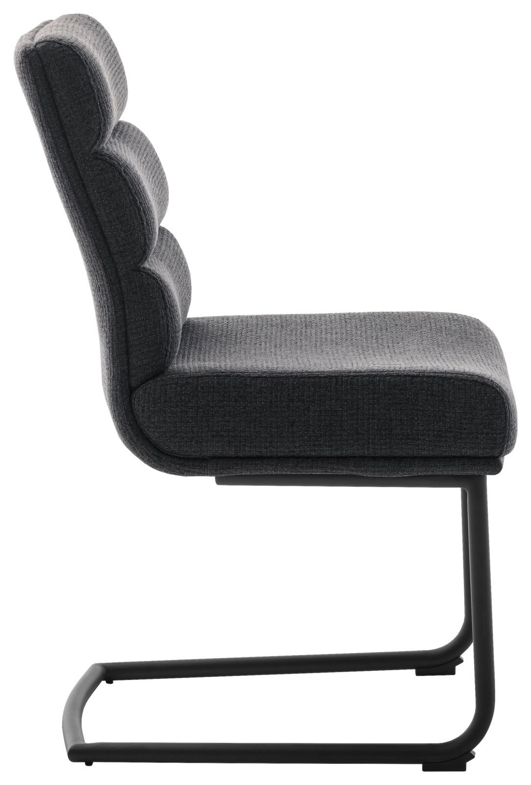 Seitenansicht eines grauen Freischwinger-Stuhls mit gepolsterter Rückenlehne und Sitzfläche, auf einem schwarzen Metallgestell.