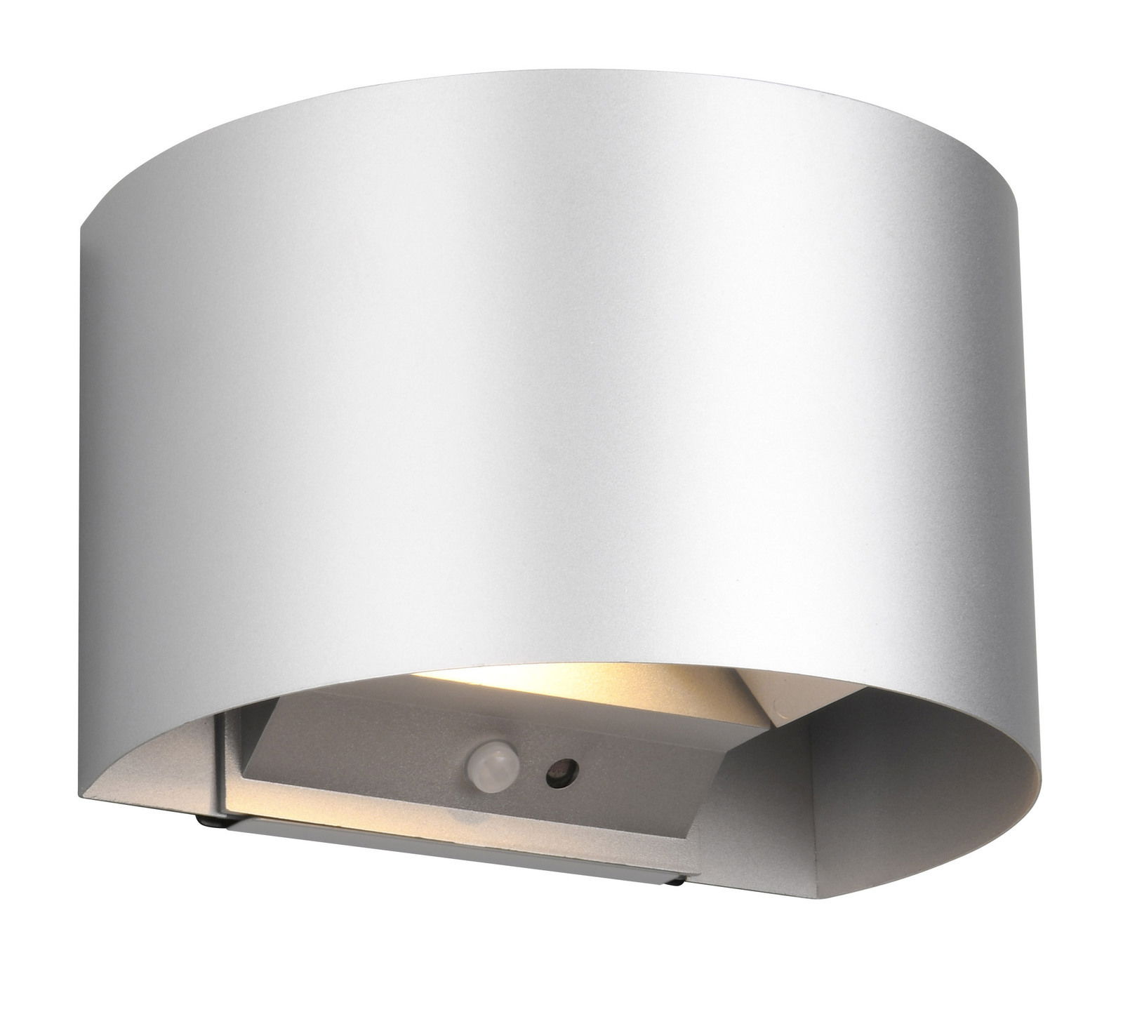 Silberne Akku-Wandleuchte TALENT in moderner, gebogener Form, seitliche Perspektive