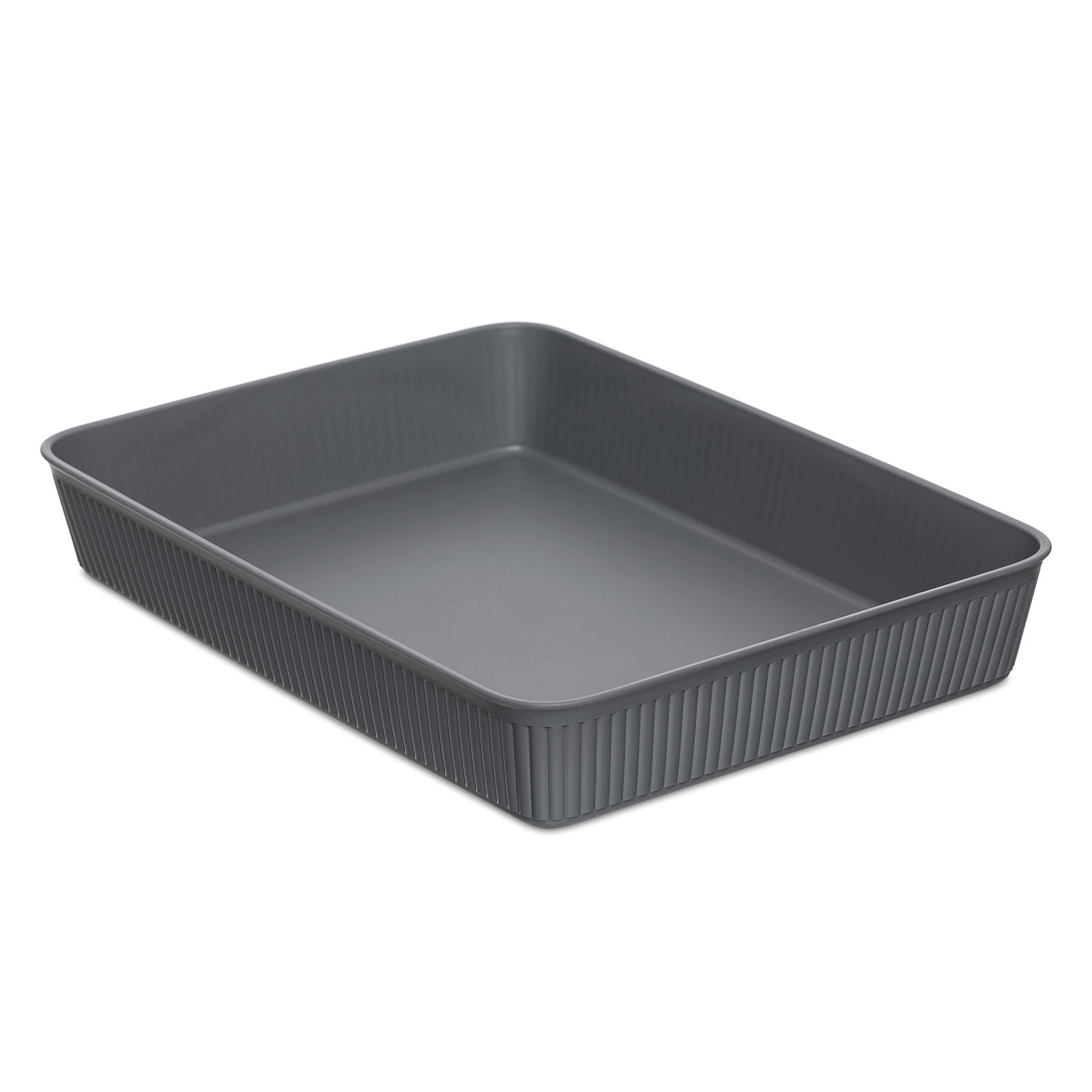 Graue rechteckige Aufbewahrungsbox aus Kunststoff, schräg von oben fotografiert