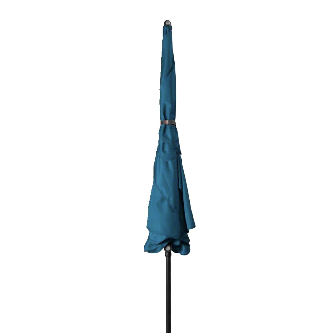 Geschlossener blauer Sonnenschirm in aufrechter Position