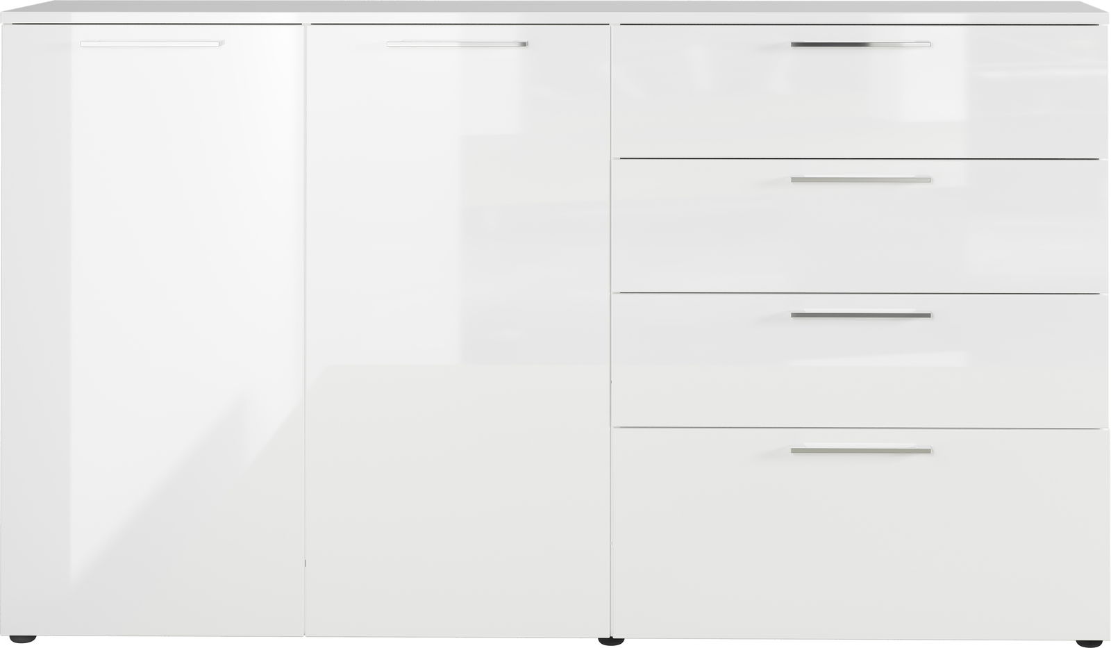 Weiße Kommode mit zwei Türen und vier Schubladen, frontale Ansicht