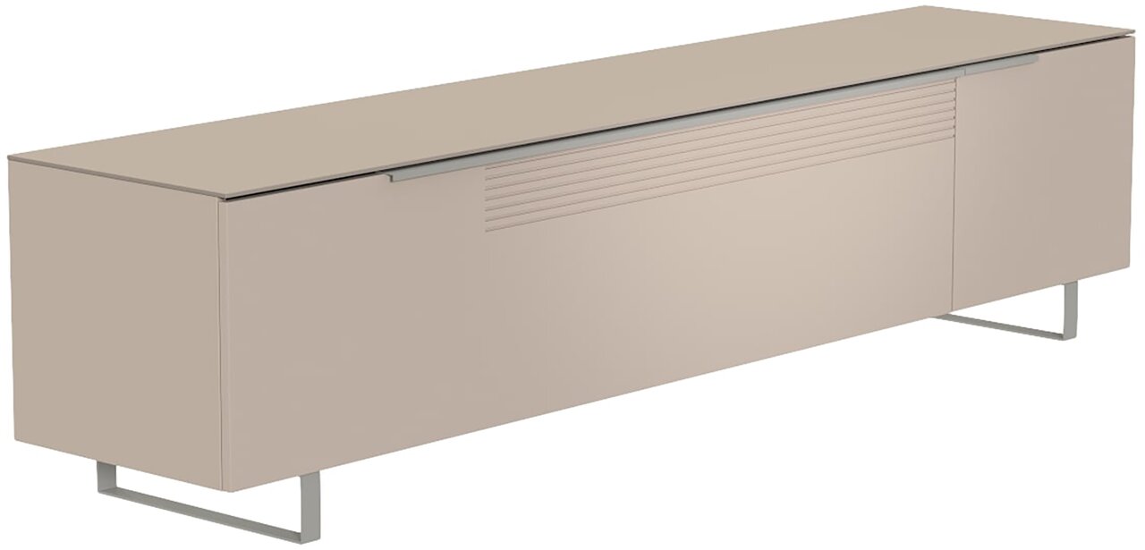 Beiges XL TV-Lowboard mit modernen Metallfüßen, seitliche Perspektive
