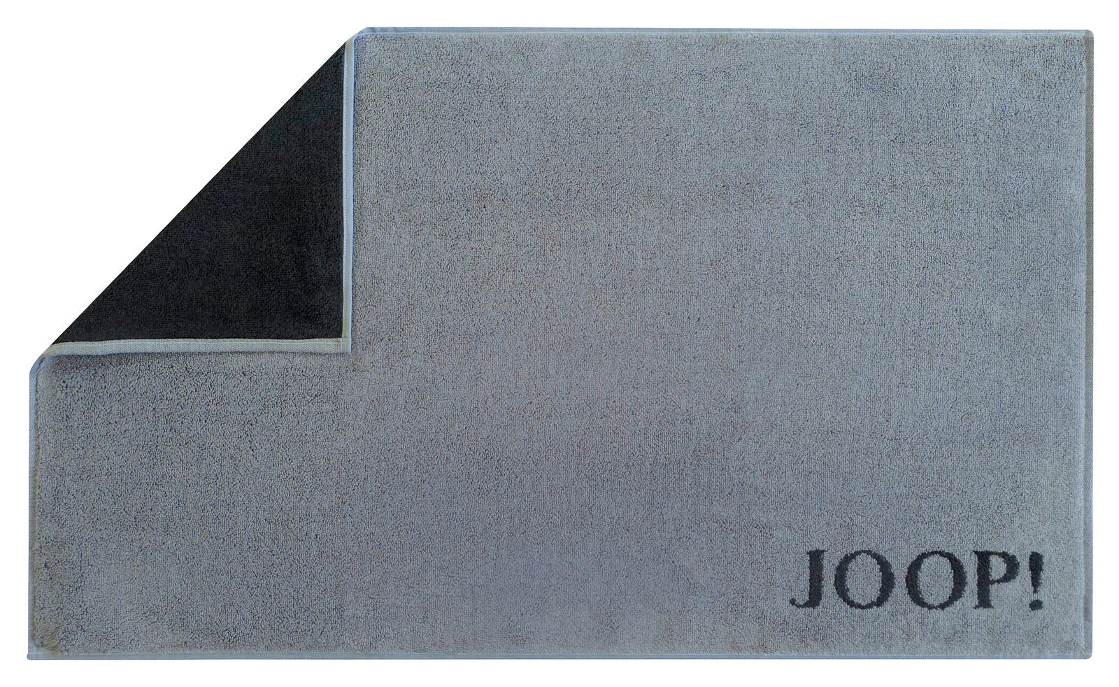 JOOP! Badematte DOUBLEFACE Graue Badematte mit umgeschlagener Ecke und schwarzem 'JOOP!' Schriftzug, Draufsicht