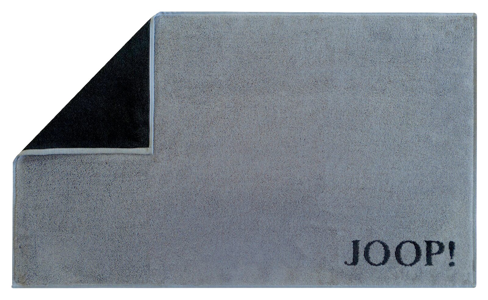 Graue Badematte mit umgeschlagener Ecke und schwarzem 'JOOP!' Schriftzug, Draufsicht