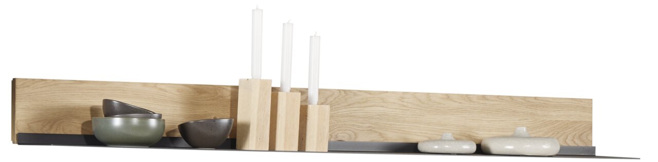 Dieter Knoll Wandboard ISEO Wandboard aus Holz mit dekorativen Schalen und Kerzenhaltern, seitliche Perspektive