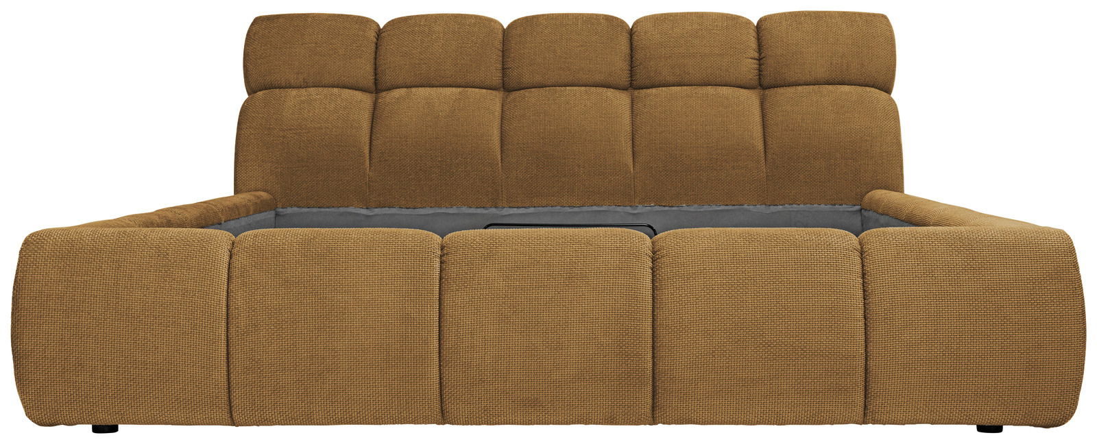 Frontale Ansicht eines Polsterbettgestells in brauner Farbe mit gepolstertem Kopfteil und Seitenlehnen.