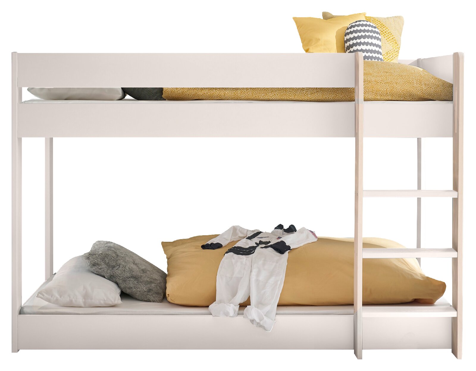 Weißes Etagenbett mit Leiter, seitliche Perspektive, dekoriert mit gelben und grauen Kissen.