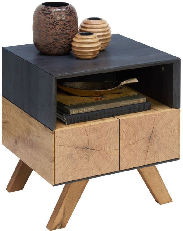 XORA Nachtkonsole KIK Nachtkonsole aus Holz mit zwei Schubladen und offenen Fach, dekoriert mit drei Vasen, seitliche Perspektive