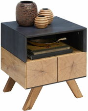 Nachtkonsole aus Holz mit zwei Schubladen und offenen Fach, dekoriert mit drei Vasen, seitliche Perspektive