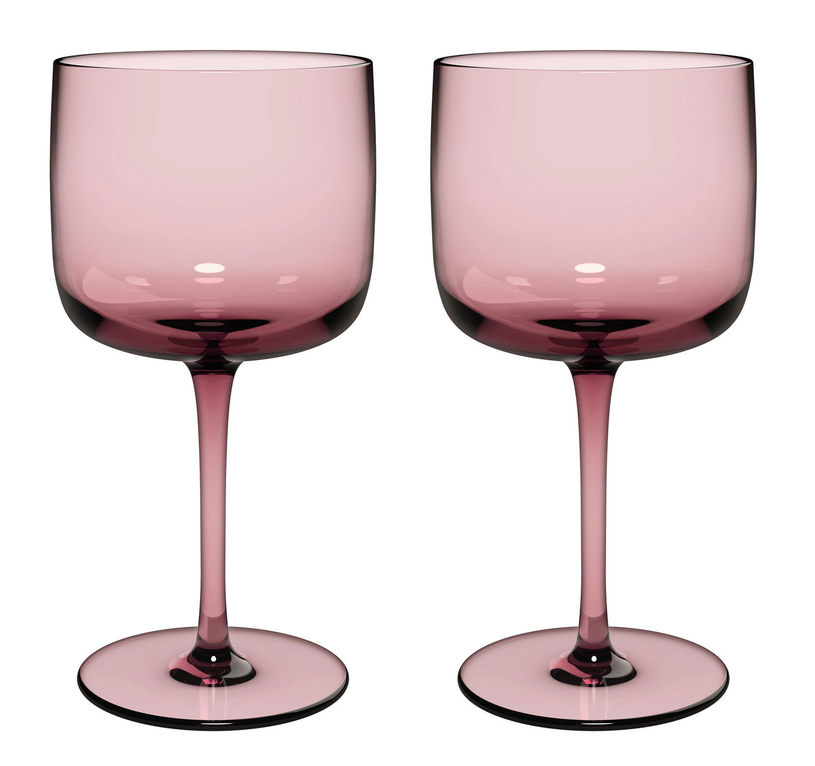 Like by Villeroy & Boch Weinkelch Set 2-tlg. LIKE GRAPE Zwei rosafarbene Weinkelche aus Glas, frontal abgebildet.