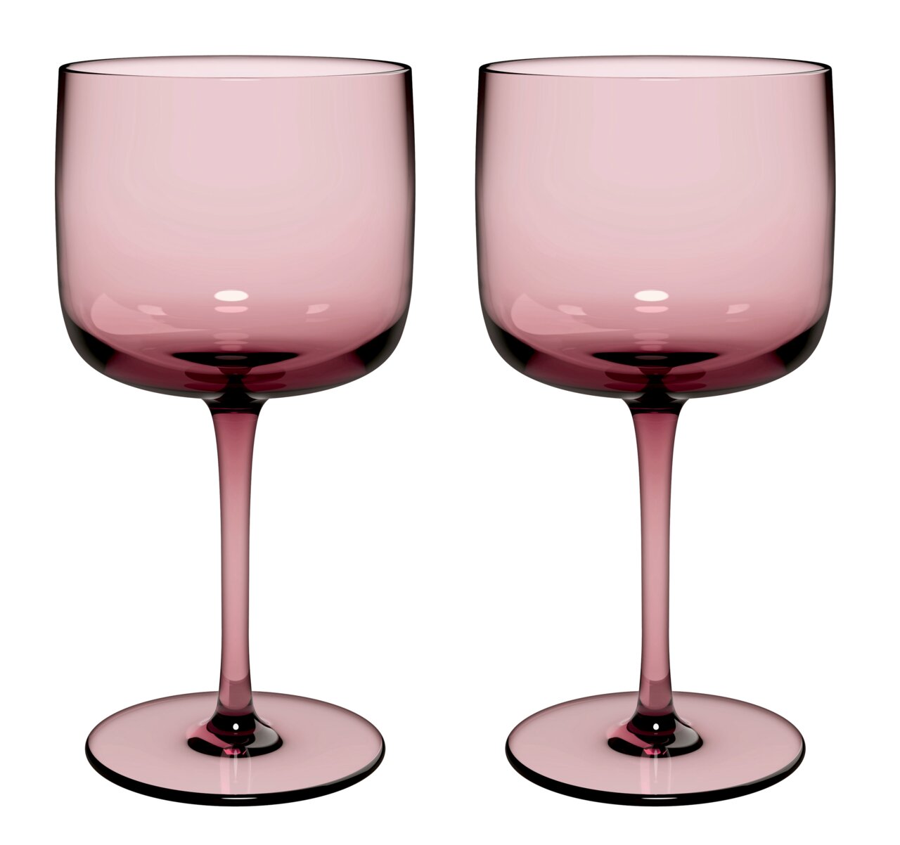 Zwei rosafarbene Weinkelche aus Glas, frontal abgebildet.